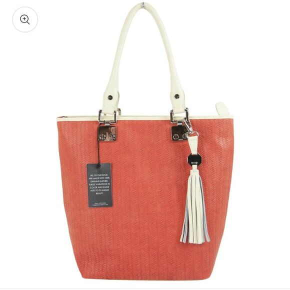 Treesje Orange Woven Leather Cream Tassel Large Organizer AWO-3032 Tote Bag - Picture 1 of 16